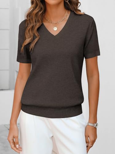 Image of ANRABESS Women Wool Blend Sweater Summer 2026 Short Sleeve V Neck Pullover Top Business Casual Outfit Beach Vacation Clothes