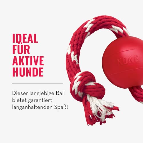 KONG Ball mit Seil - Hundespielzeug mit Seil für einfaches Werfen - Aus strapazierfähigem Naturkautschuk - Für Kleine Hunde - Rot