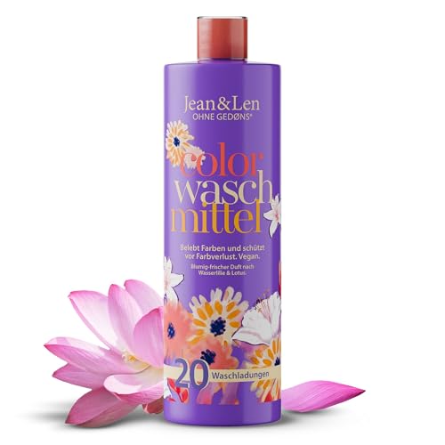Jean & Len Detergente de color lirio de agua y loto, suave con colorantes y fibras, con tensioactivos a base de plantas, aroma fresco, incluye tapón dosificador, sin microplásticos ni colorantes