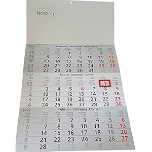 3-maanden-kalender 2022, planner, wit/grijs, 3-talig, 30 x 49 cm, wandkalender met ruimte voor notities