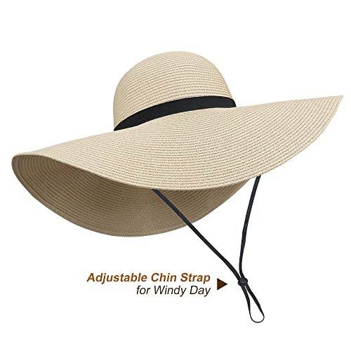 Image of Women Wide Brim Sun Hat UPF50 Straw Summer Hat Floppy Beach Hat Roll-Up