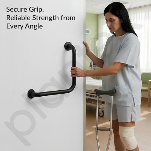 Image of Plantex L-Shape Grab Bar for Toilet /Support Handle for Senior Citizen /Anti-Slip Shower Handrail - Stainless Steel, Pack of 1 (Black)