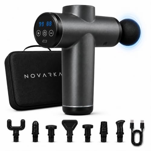 Imagen de | NOVARKA® Pistola de Masaje Muscular EXCLUSIVA de 99 Velocidades con 8 Cabezales INCLUIDOS y Pantalla LTD Incluye Maletin de Transporte y Guía Uso Cabezales Masajeador Cervical y Espalda