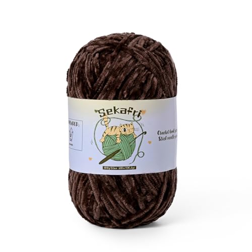 Image of Fuzzy Chenille Yarn for Crocheting, Fluffy Amigurumi Crochet Yarn for DIY Craft /Hat /Shoes, (100g /197yds) Soft Velvet Baby Blanket Yarns(Coffee)