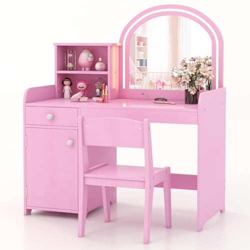 LIFEZEAL 2 en 1 Coiffeuse et Bureau pour Enfants avec Chaise, Table de Maquillage Fille avec Miroir LED & Casier, Coiffeuse en Bois avec Tiroir & Étagère, 3+...