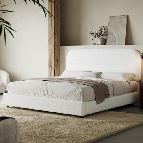 Boucle Queen Size Bed Frame, Upholstered Bed Frame Queen with Headboard, Soft Cloud Bed with Thickened Footboard, Rounded Corners, No Box Spring Needed, Easy Assembly, White
