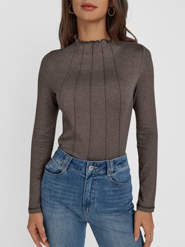 AUTOMET Pleated Long Sleeve Shirts Womens Lettuce Trim Mock Neck Blouses Casual Slim Fit Tops2