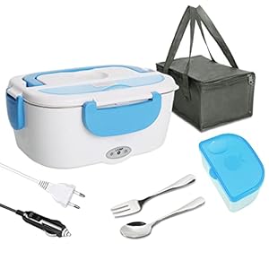 DIKER Elektrische Bento Box Speisenwärmer Auto 1.5L Lunchbox Thermo Aufwärmen 12V 220V mit Entnehmbare Dose und Besteck für Auto Haushalt Camping Blau