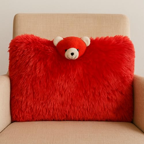 Image of Plush Teddy Bear Decorative Pillow, Red, Soft Furry Design