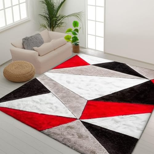 Image of Naze Carpet for Hallway, Kitchen, and Modern Interiors, Contemporary Color Block Area Rug - Cozy Shag Runner for Living Room, Entryway & Office Decor ETC Size 4x6 feet, Patten-Solid Ivory Red Tri-