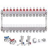 Edelstahl Heizkreisverteiler inkl. Eurokonus 3/4'' (16 x 2 mm) & Thermometer [13 Fach, Entlüfter 1/2', Kugelhähne 1'] Fußbodenheizung Verteiler mit Durchflussanzeiger (0.5-5 L/Min)