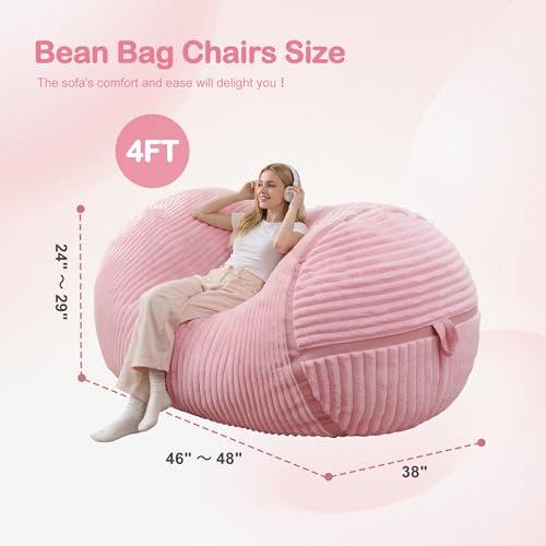 Image of 4FT Bean Bag Chair 4'Big Bean Bag Chairs with Adults, Large Beanbag Chair | Bean bag Lounger with Machine Washable Cover Corded Plush Fabric, Comfy Chairs for Living Room Bedroom Dorm, Pink