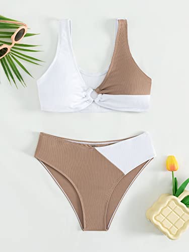 Image of SweatyRocks Girl's Two Piece Color Block Swimsuit V Neck Ribbed Bikini Set Bathing Suit Beachwear