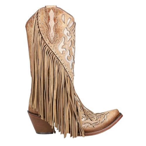 CORRAL LADIE'S SADDLE LAMB INLAY & EMBROIDERY & STUDS & FRINGES, SNIP TOE, LEATHER SOLE, WESTERN, C3766