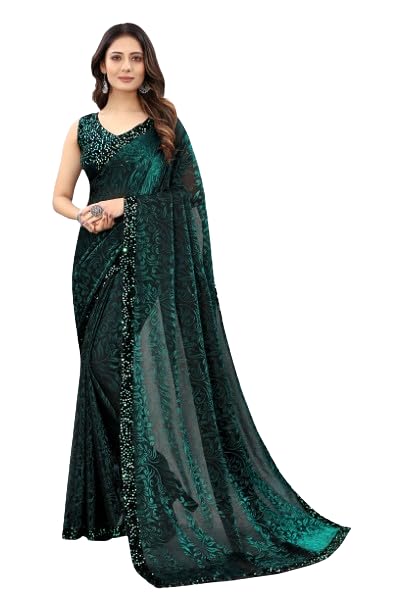 NILKANTHVARNI CREATION Women's Lycra Floral Saree Embellished Border Work Design with Sequence Blouse