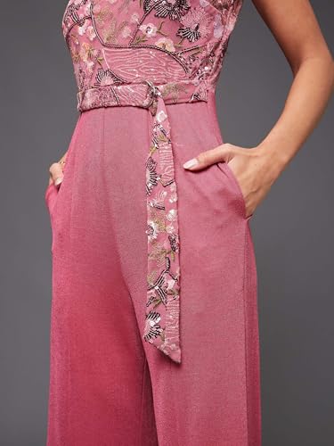 Image of Miss Chase Women's Halter Neck Sleeveless Solid Wide Leg Sequin Paneled Regular Length Jumpsuit