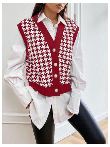 Image of Verdusa Women's Button Front V Neck Sleeveless Houndstooth Print Knitted Sweater Vest Burgundy Medium