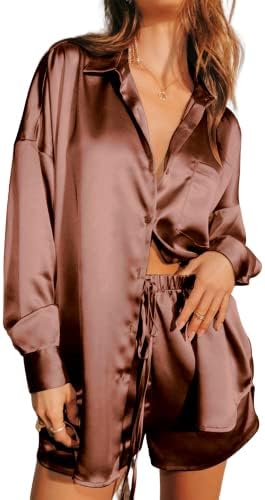 Ekoauer Womens Satin Stylish V Neck Long Sleeve Button Down Shirt and Matching Shorts Pajama Set, Brown, Medium