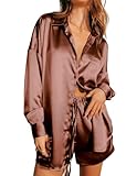 Ekouaer Women's Silky Long Sleeve Pajamas Top and Shorts Set 2 Piece Button Down Sleepwear Brown XXL