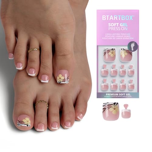 BTArtbox Press On Toenails Short - Isle Plumeria Pedi Easy-to-Apply Flower French Tip Square Toe Nail Press Ons with Glue and Adhesive Tabs in 15 Sizes - 30 Toenails All-in-One Kit