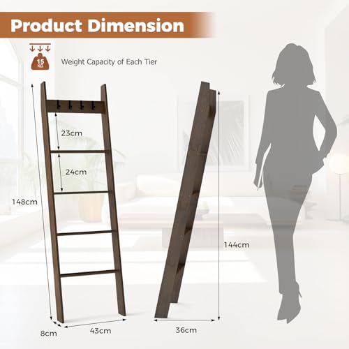 COSTWAY Bamboo Blanket Ladder, 5-Tier Towel Rack Ladder Shelf with 4 Removable Hooks, Farmhouse Decorative Wall Leaning Storage Shelving Unit Blankets Towel Holder for Bathroom Bedroom - Cosy Home Interiors COSTWAY Bamboo Blanket Ladder, 5-Tier Towel Rack Ladder Shelf with 4 Removable Hooks, Farmhouse Decorative Wall Leaning Storage Shelving Unit Blankets Towel Holder for Bathroom Bedroom - Image 3