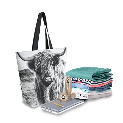 Mnsruu Black White Highland Cattle Cow Canvas Tote Bag Women Large Shoulder Bag Reusable Grocery Shopping Bag Handbag Girls Purse Gift - Image 3