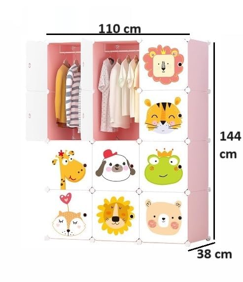 Image of BucketList 12-Door Plastic Sheet Kids Wardrobe Storage Rack - Organizer for Clothes, Kids Furniture, Living Room, Bedroom, Small Accessories (12-Cube Pink Cartoon Print)
