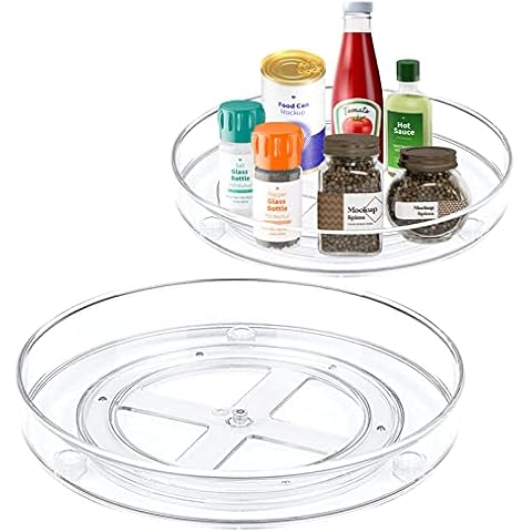 Clear Lazy Susan Cupboard Organiser - 2 Pack (27cm+23.5cm) Lazy Susan Turntable Organizer Rotating Spice Rack Storage for Kitchen Cabinet Table Cover