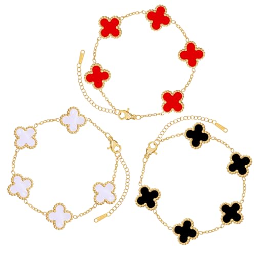 Clover Bracelet Set of 3 for Women White/Black/Red Adjustable Link Double-Sided Lucky Bracelets Trendy Bracelets Set Jewelry Gifts for Women