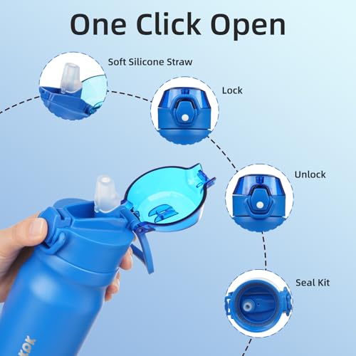 Image of BJPKPK 14 oz Insulated Water Bottle, Straw, Handle, Stainless Steel Flask | Leak Proof Locking Lid, Double Wall Vacuum, Keeps Hot /Cold, BPA Free, Dishwasher Safe, Travel & Sports, Blue