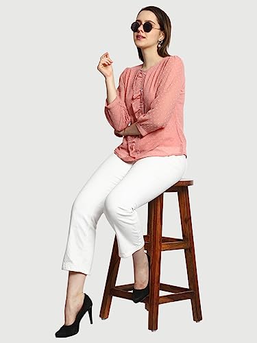 Image of PRETTIFY Women's Regular Fit Solid Embroidery Georgette Waist Length, 3 /4 Sheer Sleeve, Round Neck Casual Wear Western Shirt Top for College /Office Girls