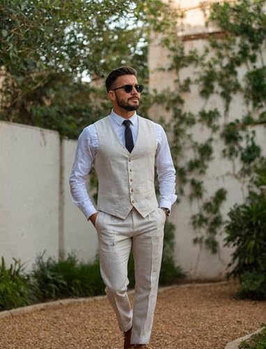 Mens Linen Suit Slim Fit 2 Piece Linen Suit for Men Beach Wedding Lightweight Summer Casual Prom Vest Pants Set3