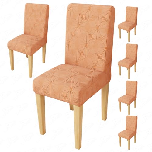 Image of Lukzer Elastic Dining Chair Cover - 6PC Pastel Orange Starlight | Textured High Stretch Jacquard Seat Cover | Removable Washable Short Dining Chair Cover Protector Seat Slipcover | (CC-142-06)