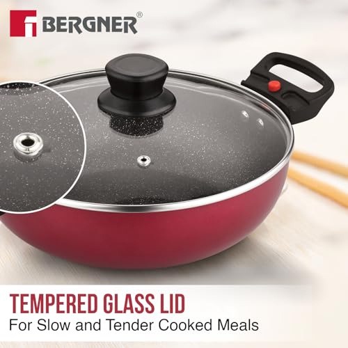 Image of Bergner Sherry Plus 5-Layer Non-Stick Coating 6 Pcs Cookware Set with Induction Bottom and Detachable Handle, 24cm /2.5L Kadai with Lid, 24cm /1.6L Frypan, 25cm Dosa Tawa, 2 Nylon Spatulas (Maroon)