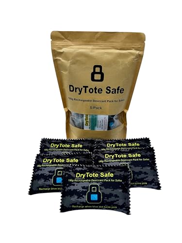 DryTote Rechargeable Desiccant Packs for Safes (5 Pack) Silica Gel Moisture Absorber Color-Change Indicator Protects Guns & Valuables 100g