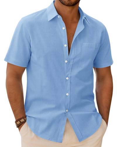 Image of siliteelon Mens Linen Shirts Short Sleeve Blue Shirt Summer Beach Shirt