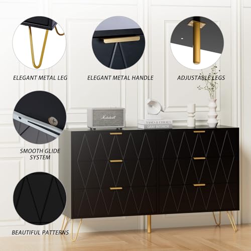 UEV Large Black 6 Drawer Dresser,Modern Dresser Chest with Wide Drawers and Metal Handles,Wood Storage Chest of Drawers for Bedroom,Hallway,Entryway (Black, Large 6 Drawer) - Thumbnail 6