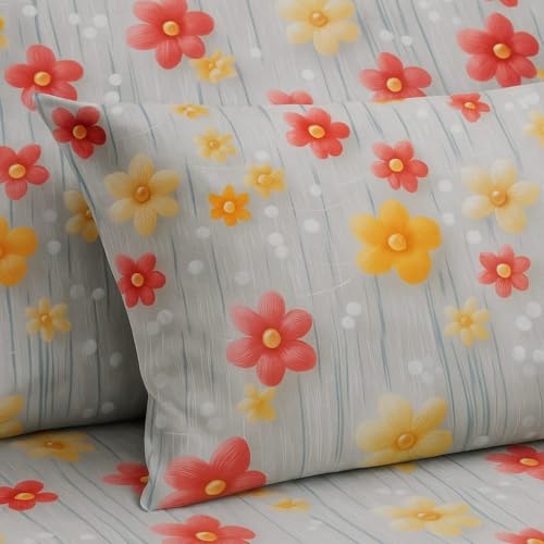 Image of RUMPS 380 TC Premium Heavy Cotton 7D Print Fast Colour Feel Elastic Fitted Floral Bedsheet King Size with 2 Pillow Covers || (Gray Flower, Fitted - 72 inchx78 inch King)