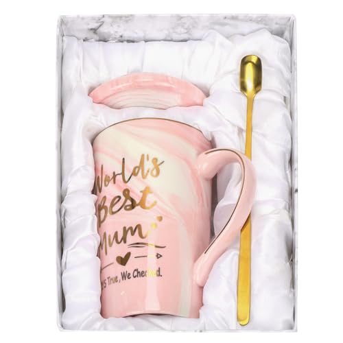 MBSM Tazza da caffè in ceramica marmorizzata per la festa della mamma e compleanno, regalo divertente per la mamma dei bambini, 400 ml (World's Best Mum, rosa)
