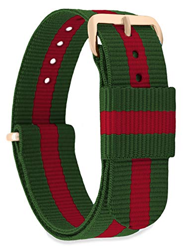 Preisvergleich Produktbild MOMENTO Damen Herren NATO Nylon Ersatz Uhren-Armband Strap mit Edelstahl-Schliesse in Rose-Gold und Nylon-Armband in Rot Grün 16mm
