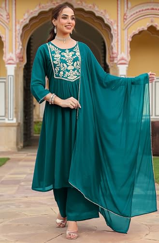 Image of Janasya Women's Georgette Embroidered A-line Kurta with Palazzo Dupatta Set