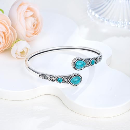 Turquoise Bangle Bracelet for Women 925 Sterling Silver Genuine Turquoise Open Cuff Bracelet Adjustable Hand Stackable Vintage Natural Stone Jewelry Gifts3
