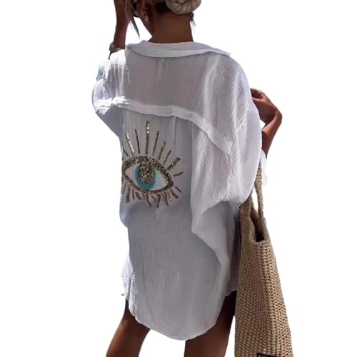 GGOOB Oversized Sequin Evil Eye Shirts Long Sleeve Linen Button Down Shirt Women Beach Cover Ups Summer 2024