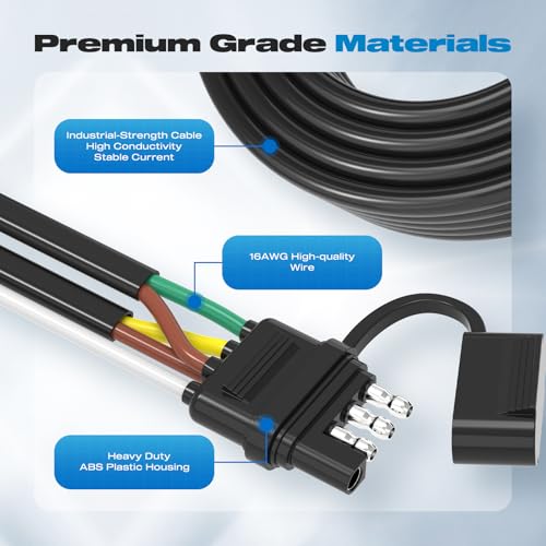 Image of 4 Pin 5 Wire Trailer Wiring Harness Kit, Malictele 50FT 16AWG Core with Jacketed Cable Trailer Light Kit 4 Way Flat 5 Wire Trailer Plug for Rewiring Both-Side Taillights on Trailers RVs and Boats