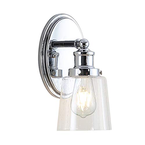 Image of JONATHAN Y 5 inch Chrome 1-Light LED Vanity Light, Farmhouse Wall Sconce for Bathroom Mirror, Clear Seeded Glass Shade, Rustic Iron Fixture for Kitchen Hallway, LED Bulb Included JYL7530A