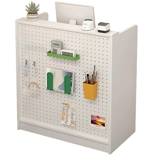 Moderno escritorio de recepción con panel perforado frontal con espacio de exhibición y estantes de almacenamiento, ideal para oficina, tienda o salón (blanco, 120 cm)