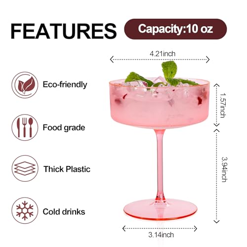 Ciaell 12PCS Plastic Martini Glasses - 10 Oz Pink Disposable Coupe Glasses with Stem - Heavy Duty Margarita Cups for Bars, Cocktails, Whiskey, Parties & Wedding by Ciaell - Image 2