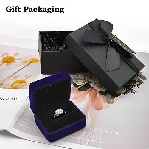 1-2CT Moissanite Rings, Round Cut Square Halo Engagement Rings w/Light Box, VVSI Excellent D color, Platinum Plated Wedding Bands, Size from 4.5 to 94