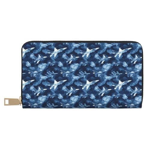 Leather Thin Slim Wallets for Women Men - Fashion Navy Camouflage Aircraft Print Card Wallet Holder with Zipper