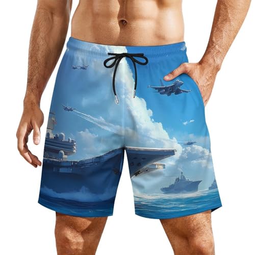 Military USS Ship Fight Jets Mens Swim Trunks Swimming Board Shorts with Compression Liner Summer Beach Bottom